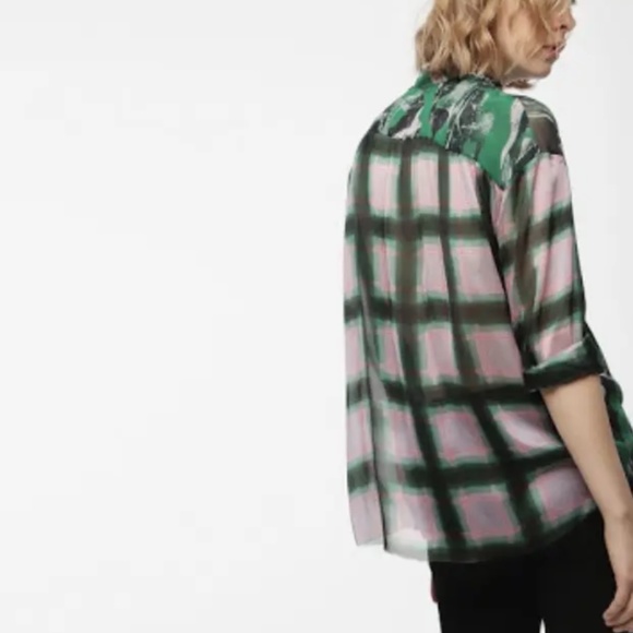NWT Diesel C-Lois-A Contrast Plaid Georgette Sheer Long Sleeve Shirt Green Sz M - Picture 3 of 5